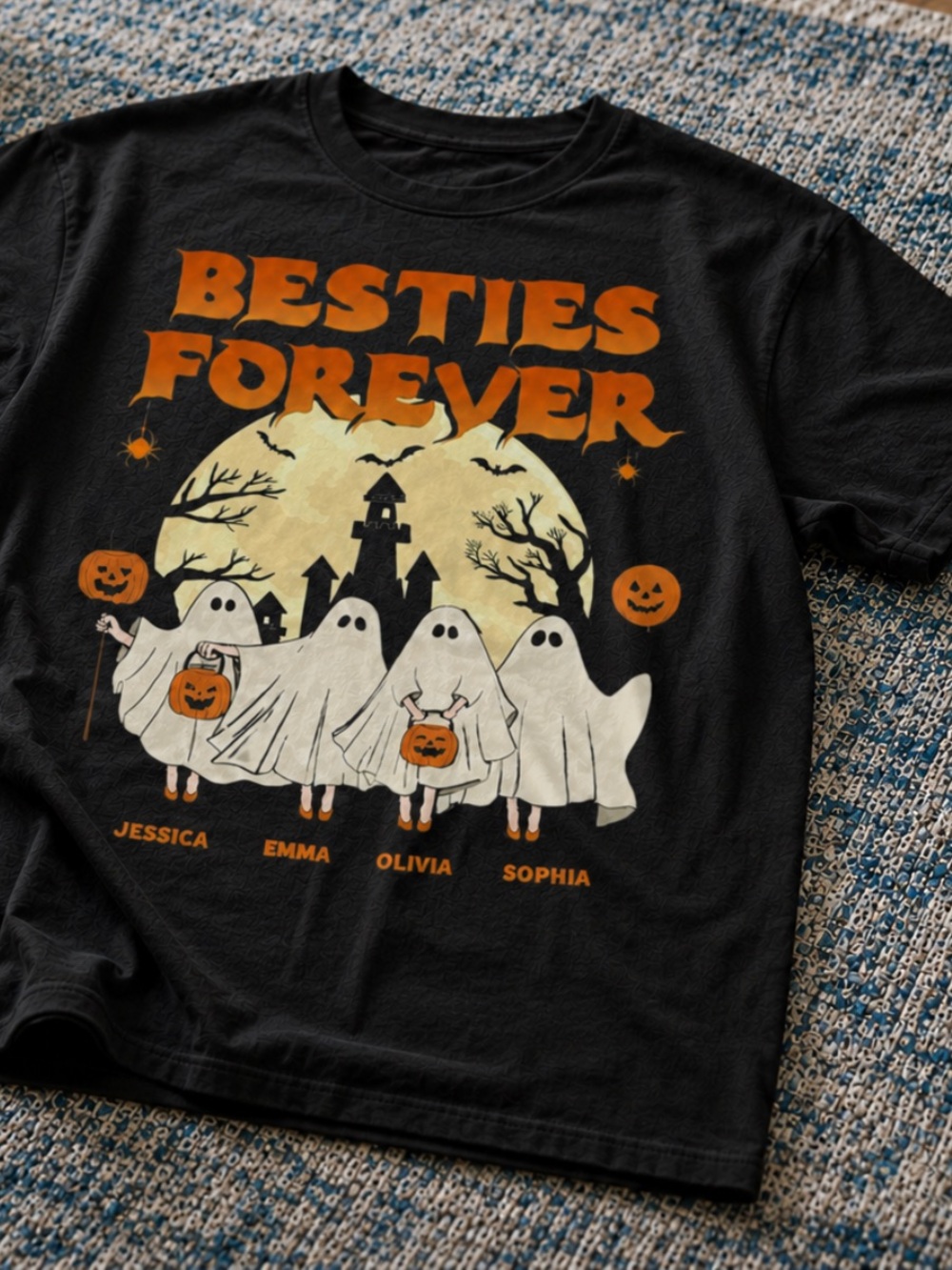 Gildan Black "Besties Forever" Halloween Ghosts T‑Shirt with Orange Graphics - Picture 2 of 3